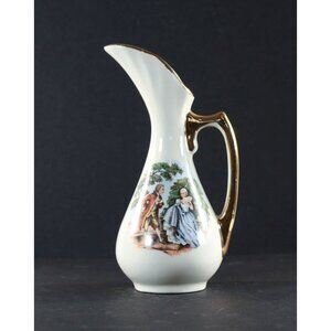Hand Painted Pitcher Colonial Scene Gilded Accents 6.5" Japan 1950s GC